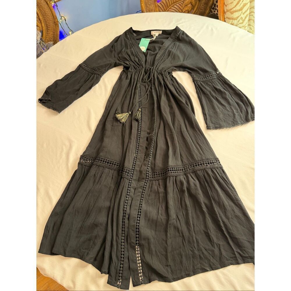 KOY Resort Black Tassel Tie Open Front Cover Up Dress NWT Small Boho Beach